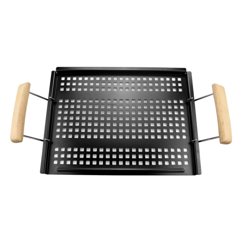 Wooden Handle Non-Stick Coating Grill Basket Stainless Steel