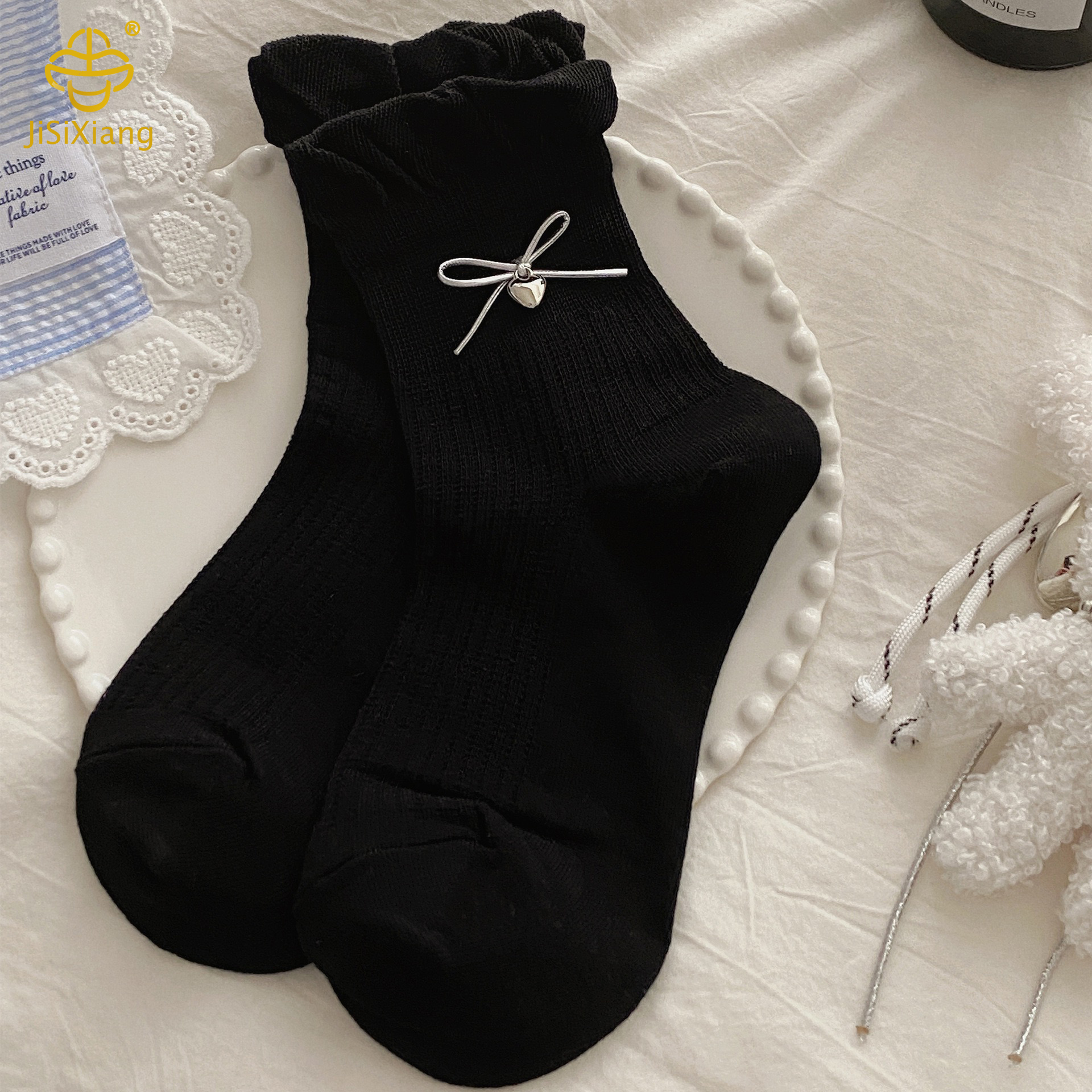 Black ribbon tube socks