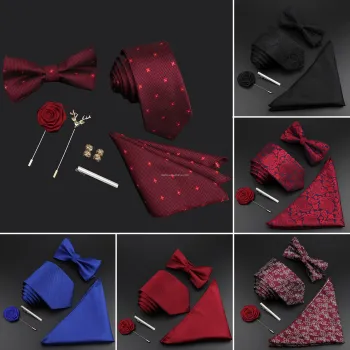 Solid Color Silk Men's Tie Set with Polyester Jacquard Woven Necktie and Bowtie in Vintage Red and Blue for Groom, Business, Wedding, and Party