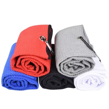 Custom Logo Quick-Dry Tri-Fold Golf Sports Towel - 40*60CM Microfiber Waffle with Carabiner Hook