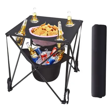 Portable Lightweight Folding Canvas Picnic Table with Cooler Bag & Wine Holders