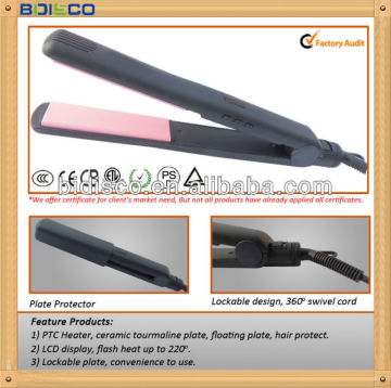 Ceramic tourmaline and lockable design hair flat iron LCD display
