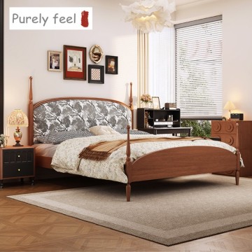 PurelyFeel French Retro Solid Wood Double Bed - High-End Printed Fabric Wedding Master Bedroom Bed