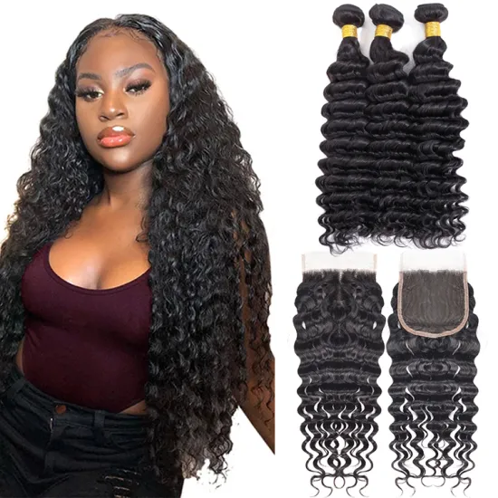 YS Wholesale Virgin Brazilian Hair Weave, 100% Brazilian Human Hair Grade 10A 1b# Deep Wave Virgin Hair Bundles With Closure
