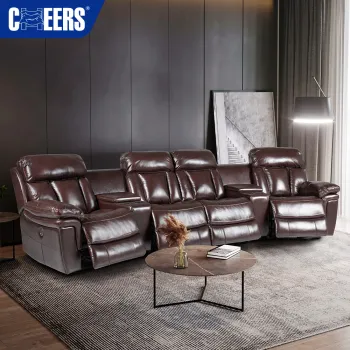 MANWAH CHEERS Leather Power Reclining Home Theater Sofa: A 4-Seater Entertainment Haven with Cup Holder and USB Ports