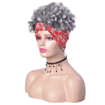 New Arrival Cheap Grey Short Fluffy Kinky Curly Turban Wig Heat Resistant Afro Headband Wigs Synthetic Hair Wigs For Black Women