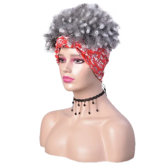 New Arrival Cheap Grey Short Fluffy Kinky Curly Turban Wig Heat Resistant Afro Headband Wigs Synthetic Hair Wigs For Black Women