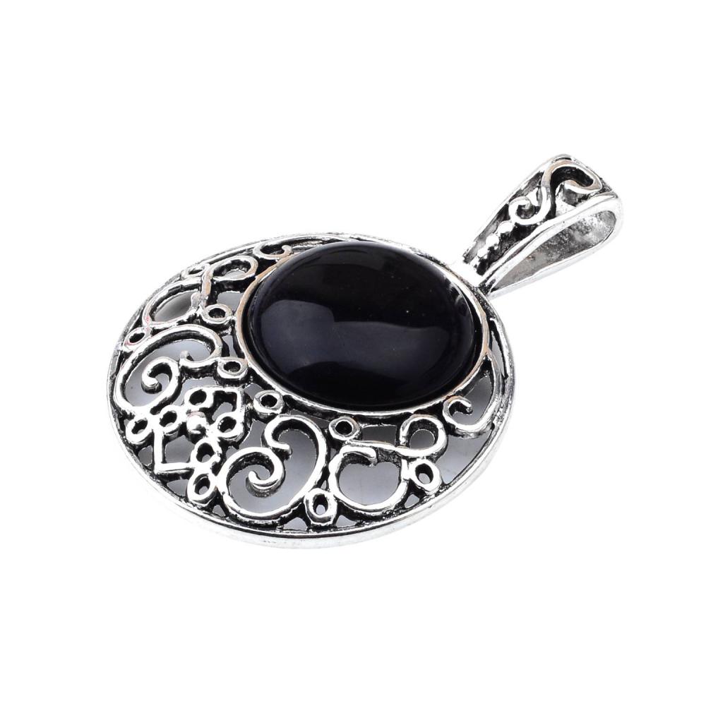 Pendentif en pierres précieuses en alliage cabochon avec agate noire 20MM