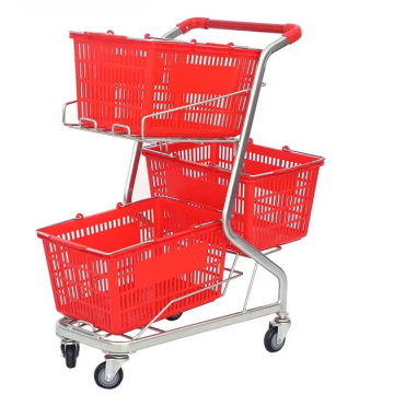 Supermarket Trolley With Three Plastic Basket Shopping Cart