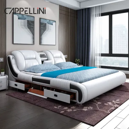 Modern Smart Leather Bed King/Queen Size with Multifunctional Luxury Features