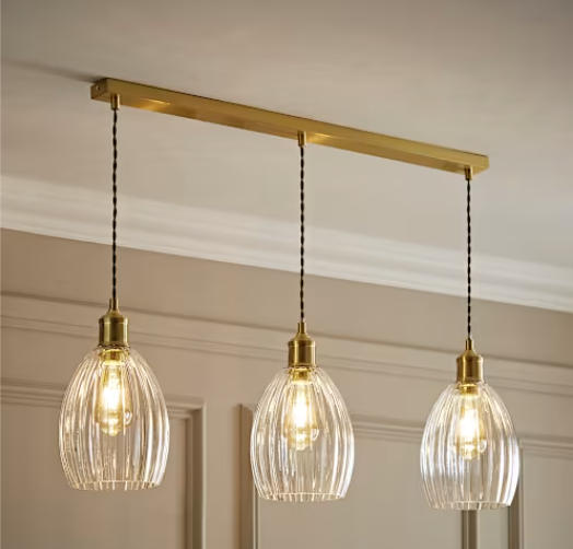 Brushed Gold and Ribbed Glass 3 Drop Diner Ceiling Light (3)
