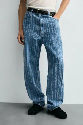 Men Rigid Jeans Vintage Textured Stripped Denim Pants
