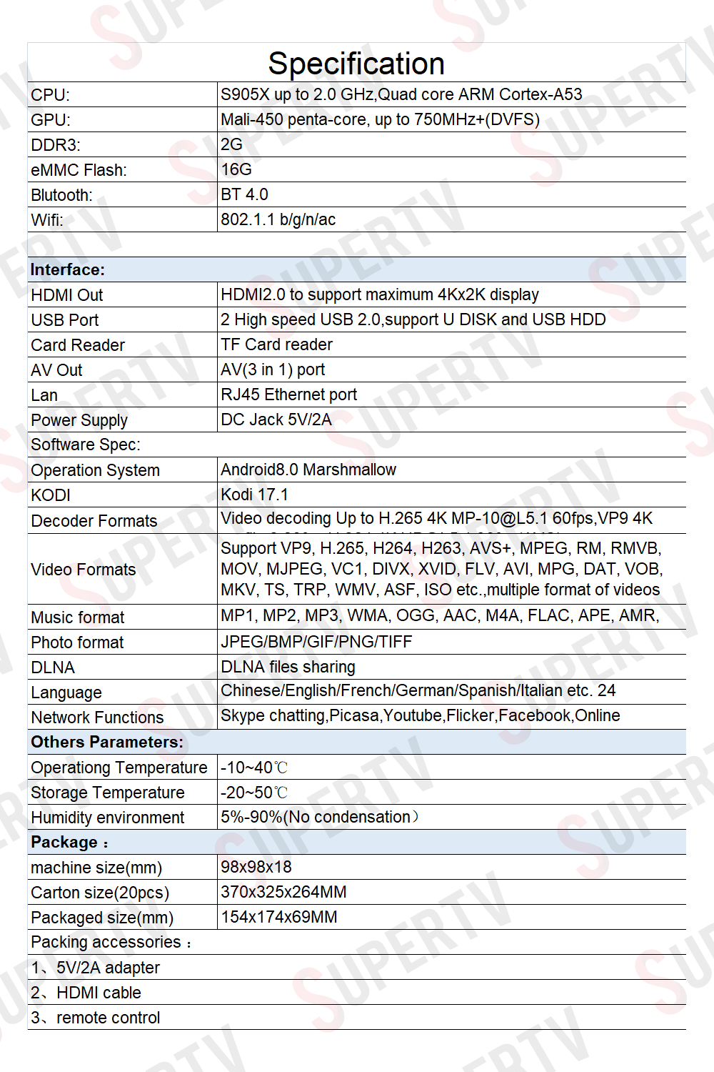 Supertv Red tv box Spec