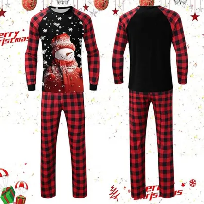 Parent-Child Plaid Patchwork Printed Home Suit Set for Christmas Pajamas
