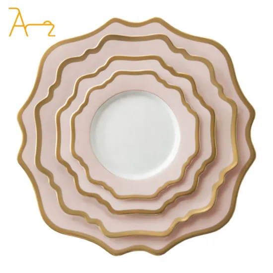 Sunflower-Shaped Gold Rim Wholesale Porcelain Dinnerware Set: Perfect for Hotels, Restaurants, Weddings, and Dessert Servings