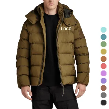 High Quality Custom Men's Down Jacket: Light Army Green Padded Hooded Polyester Puffer Jacket for Winter