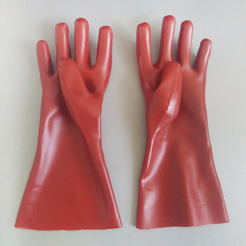 Guantes de trabajo resistente al aceite de PVC rojo oscuro Poliéster