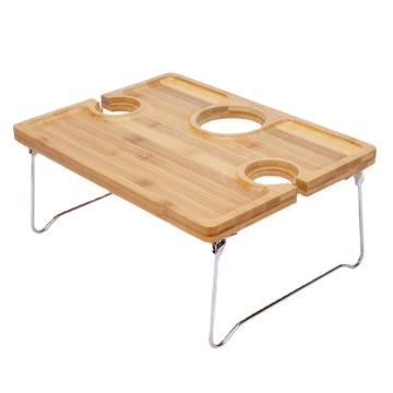 Hangrui Wood Bamboo Camping Table dengan pemegang botol kaca dan dulang snek, paras yang boleh dilipat dan rendah "Walau