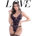 Lingerie sexy preto respirável bordado bodysuits