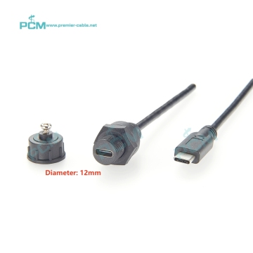 12mm IP67 Waterproof USB3.1 Type C to USB2.0 Female Panel Mount Cable - 30cm for Outdoor Vehicles like Cars, Boats, and Motorcycles