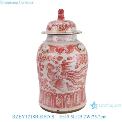 Jingdezhen Red Glazed Lion Head Vase with Hand-Painted Phoenix and Flower Pattern