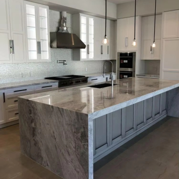 Luxury Marble Kitchen Countertop with Sink and Wooden Dining Island