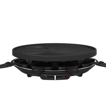 BBQ Grill Round Electric Raclette for 8 with Die-cast Stone and Non-stick Slate Pan