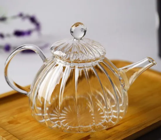 custom hand blown ribbed tea pot glass set