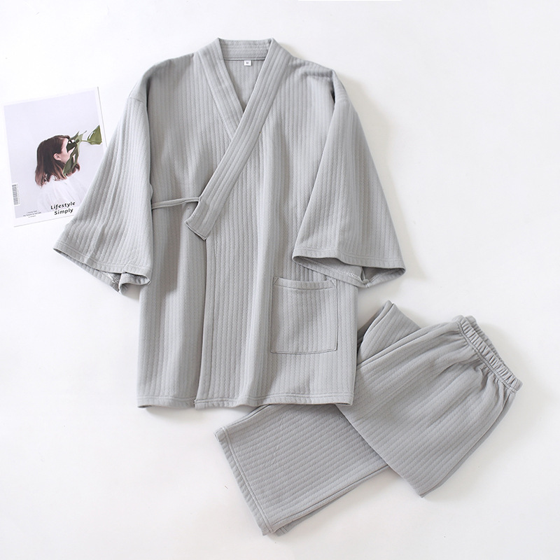 Oversize Japanese Style Kimono Cardigan Pants 2pcs Set Men's Nightwear Cotton Comfortable Home Suit Robe Sleepwear Daily Casual