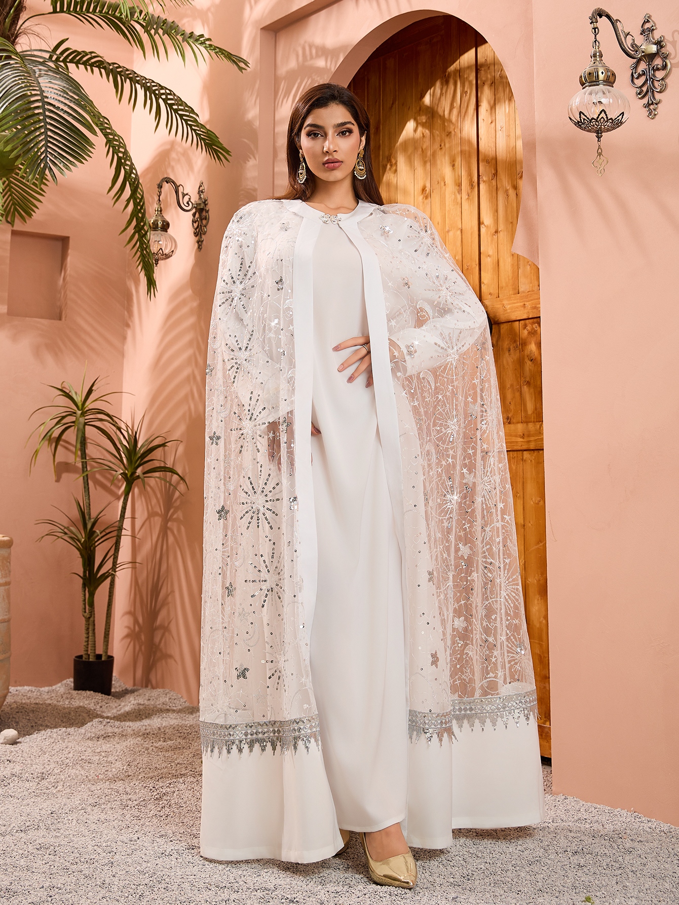 Eid Luxury White Sequins 3pcs Abaya Set full view