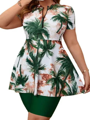 Plus Size Swimsuit Set: Split Swimsuit Women's Bikini with Five Piece Pants and Skirt Style in Flower Print