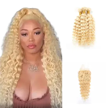 Factory price wholesale 100% Virgin Human Hair 3 Bundles With 4*4 Lace Closure 613 Kinky Curly human hair Bundles With Closure