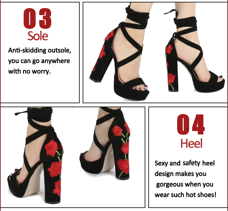 platfrom embroidery flower high heel women sandals