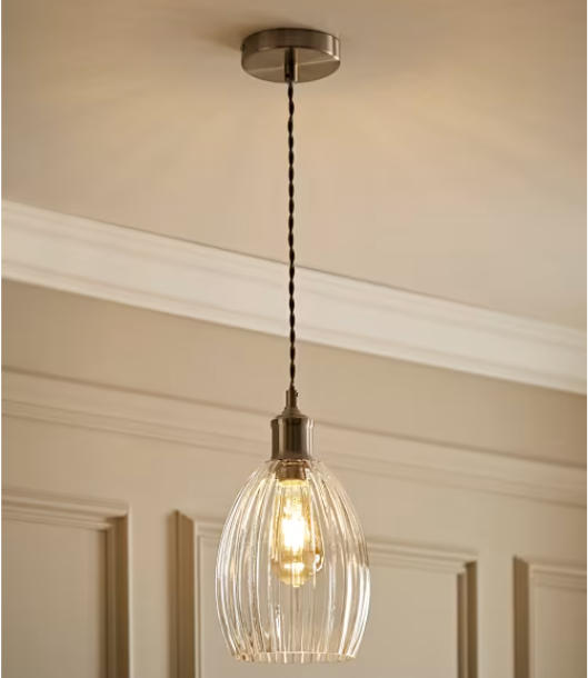 Brushed Chrome and Ribbed Glass Pendant Ceiling Light (3)