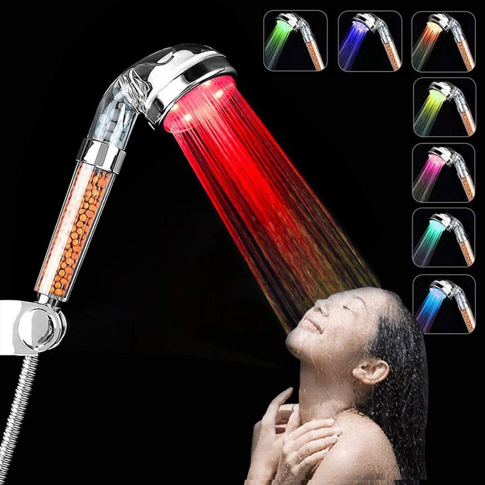 Bathroom 3 Colors Temperature Control Romantic LED Shower Head 7 Color Automatically Flashes Ionic Filter LED Shower Head