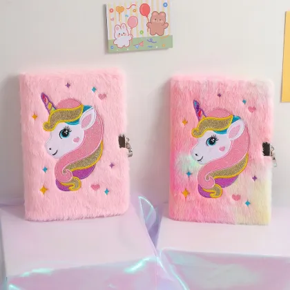 New Cute Fluffy Unicorn Lock Diaries and Princess Notebooks for Children