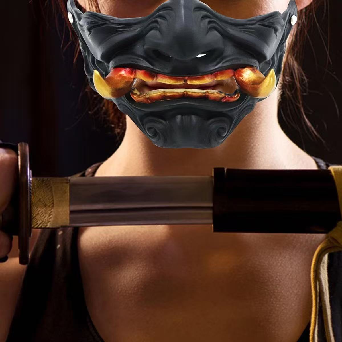 Black Half Face Japanese Oni Hannya Mask