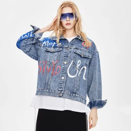 Wholesale Loose Colorful Print Denim Jacket for Women