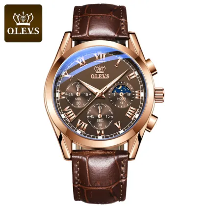OLEVS Watch 2871 Multifunctional Sports Fashion Genuine Leather Wristwatch Chronograph Waterproof Luminous Men's Watch