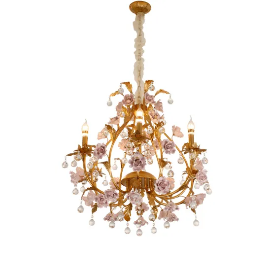 Ceramic Flower Chandelier with Crystal Hanging Pendant Light