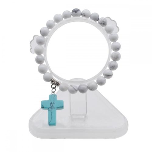 Natural Howlite Chakra Gemstone 8MM Round Beads Charms Bracelet with Turquoise Cross