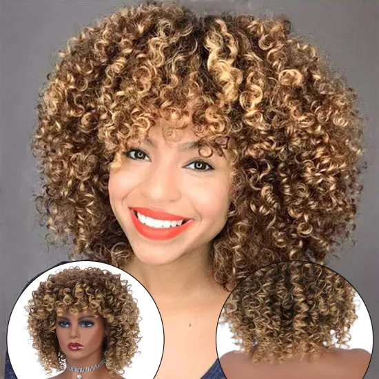 Vigorous natural ombre blobde non lace afro kinky curly short bob cheap wig synthetic hair blend wigs