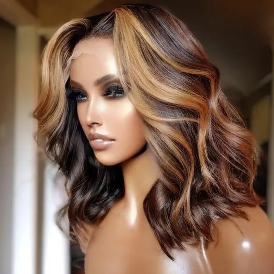 Highlight Human Hair  Short Bob wigs For Black Women T Part Brazilian Pre Plucked With Baby Hair Body Wave Lace Front Wig