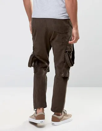 Custom Manufacturer Utility Pockets Strap Drop Crotch 100% Cotton Cord Breathable Functional Brown Men's Cargo Bib Pants