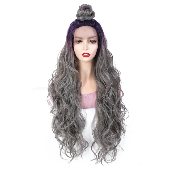 2020  X-TRESS  heat synthetic wig deep loose wave gray color 28inch moon part lace frontal wig for European wholesale