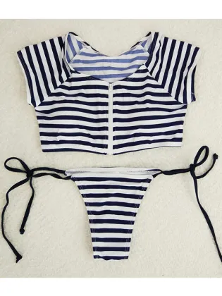 2017 New Arrival Women Short Sleeve Striped Bikini Set