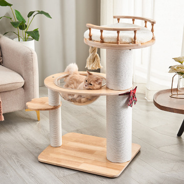 Wooden Cat Tree with Hammock and Scratching Posts for Indoor Cats