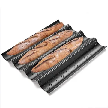 Nonstick Perforated Baguette Pans for Crisp Golden Brown Bread - 4 Loaves Bakery Tray