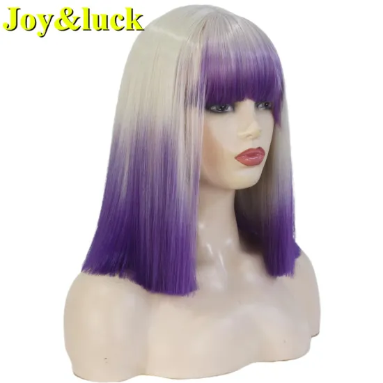 Women's Hairstyle Blonde Ombre Purple Ladies Party Wig With Bangs Short Natural Straight Cosplay Halloween Synthetic Hair Wigs