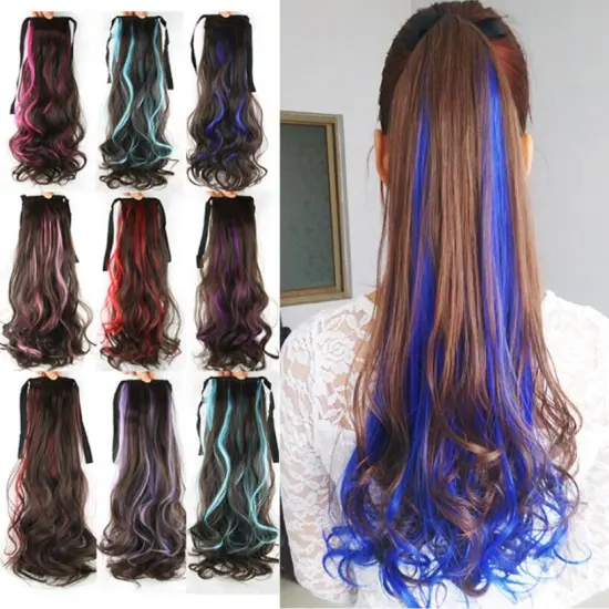 ombre color synthetic drawstring ponytail hair extension, 60 pink blue red green white burgundy ponytail cosplay wig